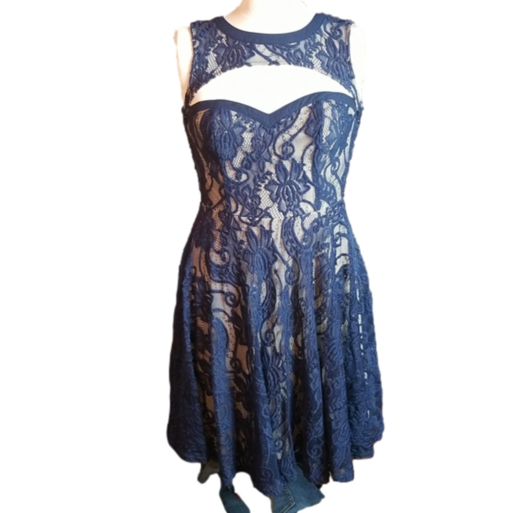ARK & Co. | Blue Lace Dress Cutout Neckline and Back.